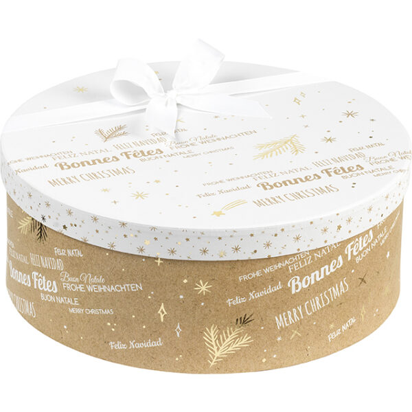 Coffret Rond Bonnes Fêtes Kraft Blanc/Or 31,5x12cm