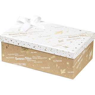 Coffret Rectangle Bonnes Fêtes Kraft Blanc/Or 33x21x12cm