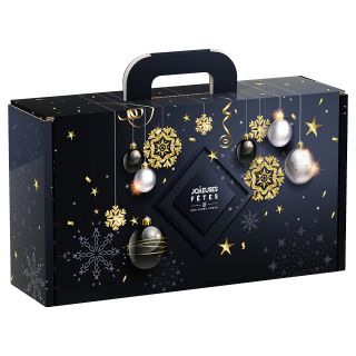 Valisette Carton Rectangle Joyeuses Fêtes Boules de Noël Noir/Argent/Or 33x18,5x9,5cm