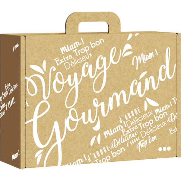 Valisette carton kraft rectangle Voyage Gourmand blanc 33x18,5x9,5cm