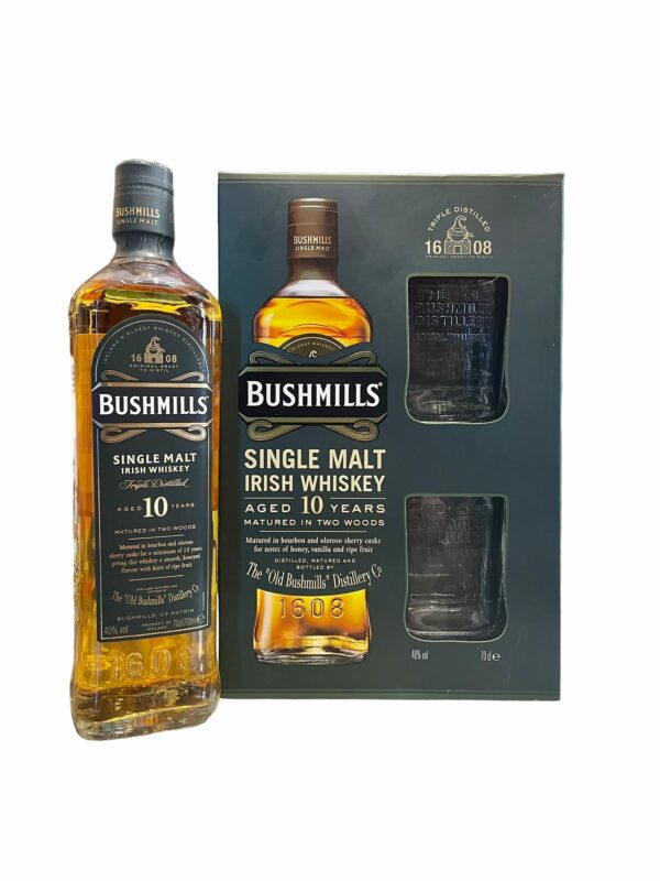 Coffret Irish Whisky Single Malt Bushmills 10 Years 70cL avec 2 Verres